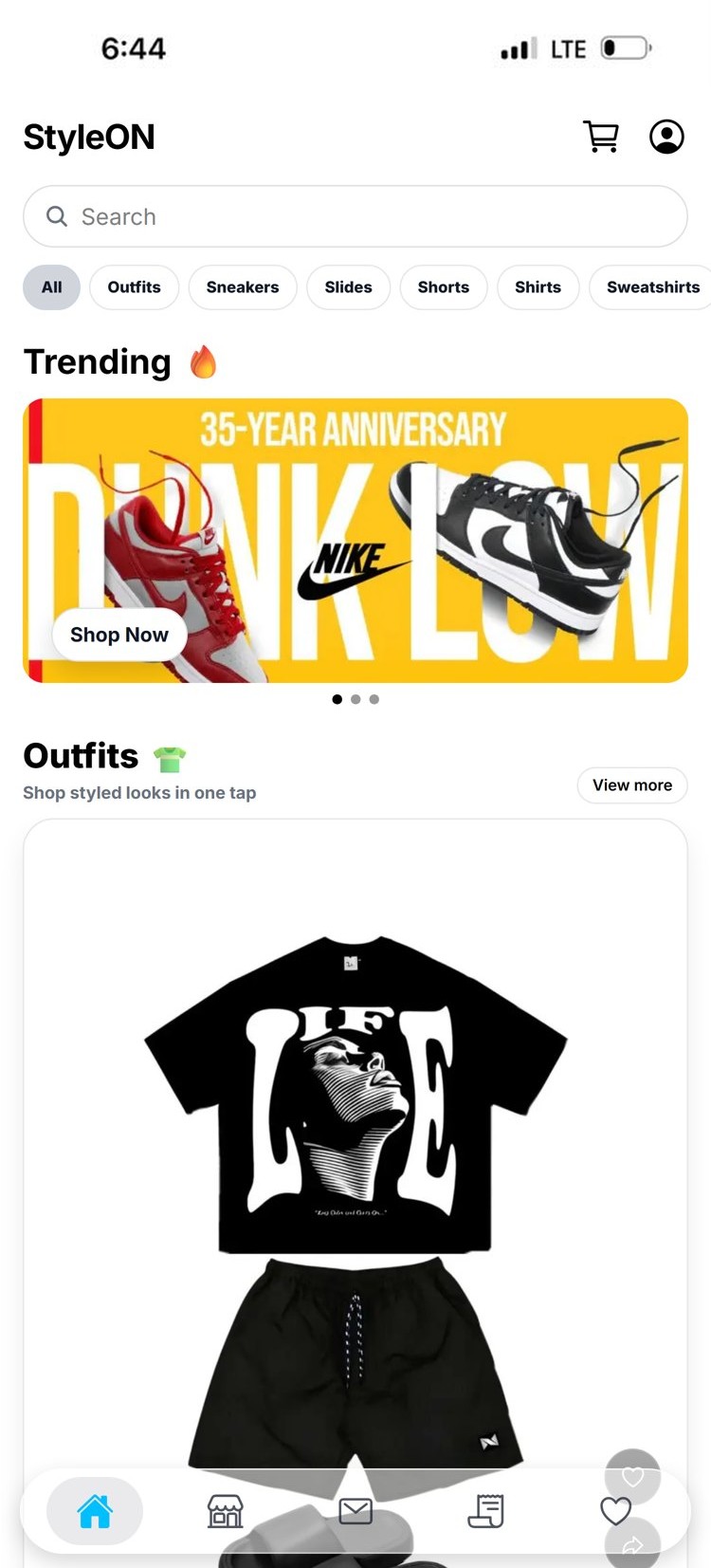 StyleON on a phone: the trending banner and the Outfits section